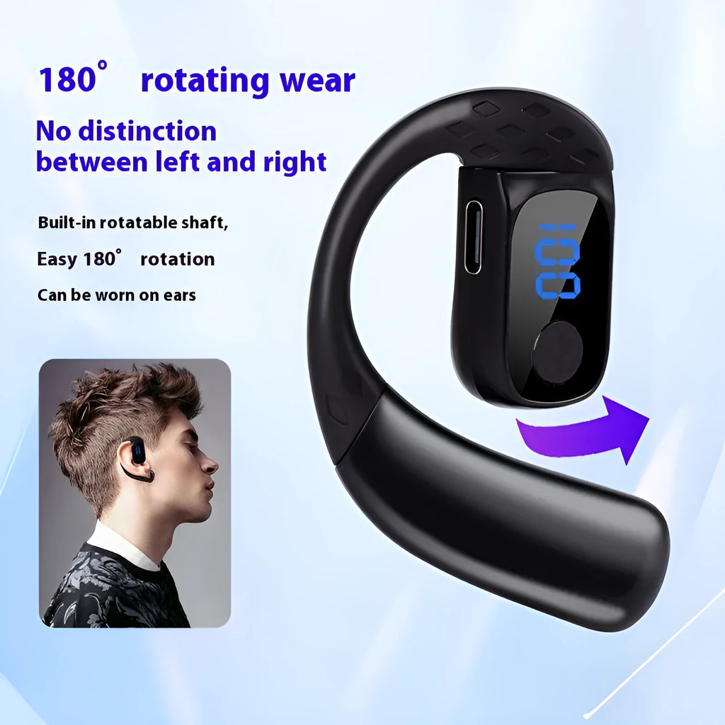 Rotating digital display bone conduction Bluetooth headset in black with ear hook design