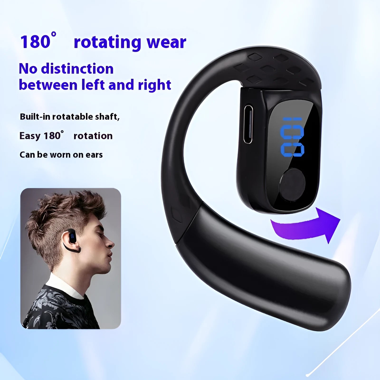 Rotating digital display bone conduction Bluetooth headset in black with ear hook design