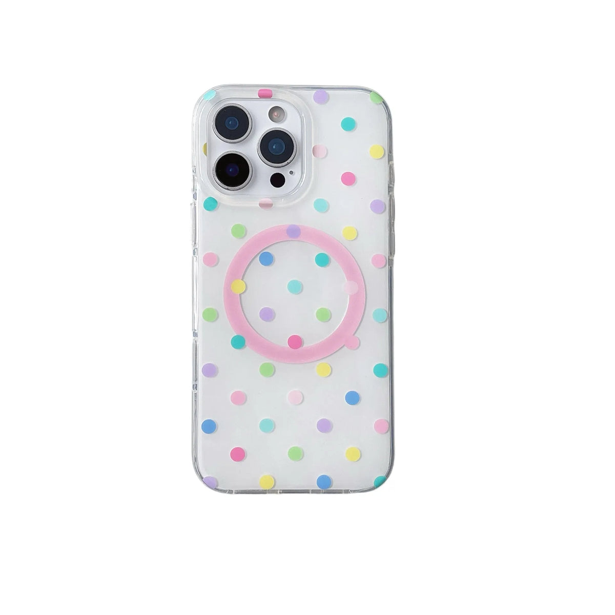 Polka dot iPhone case with magnetic bracket in black, pink, blue, and purple, compatible with iPhone models.