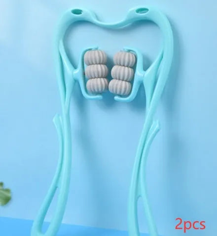 Blue swan-shaped six-wheel neck massager with removable balls and natural jade scraping board on white background
