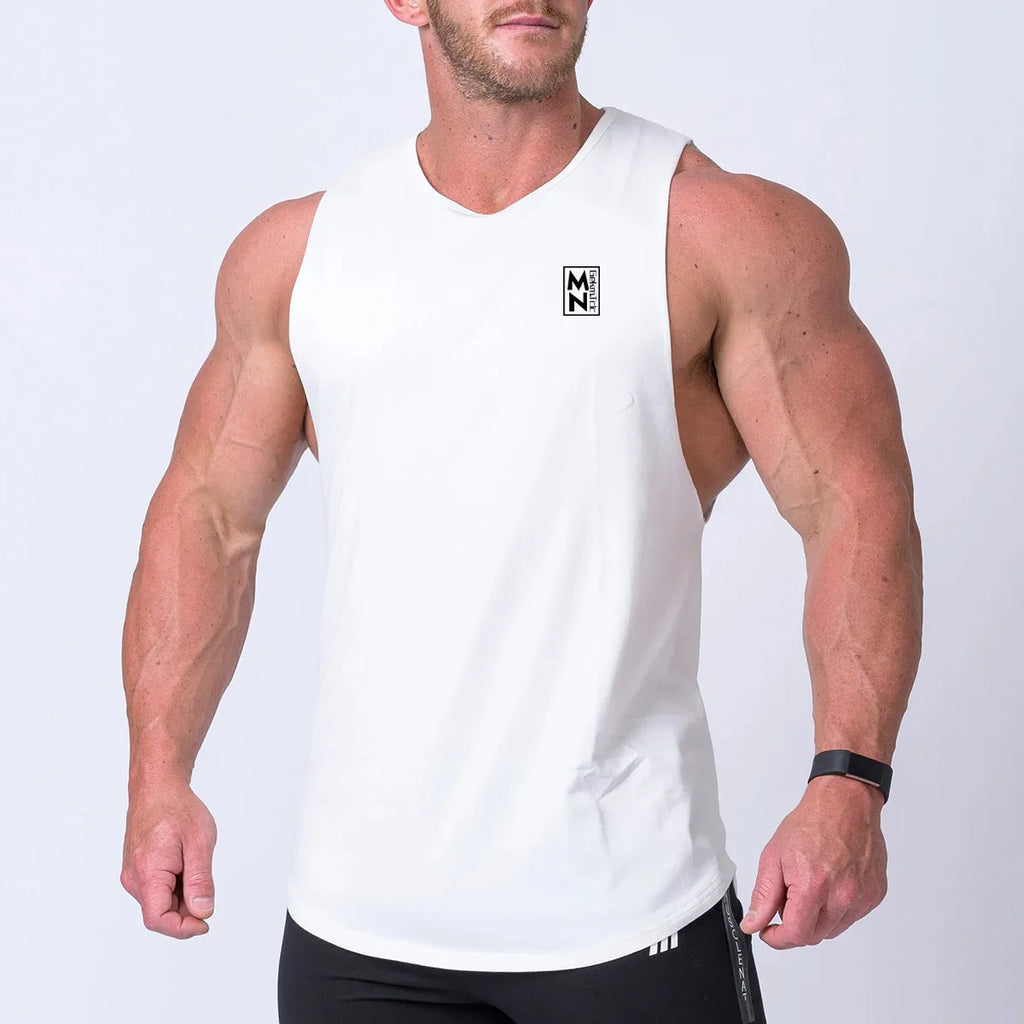 Men's cotton sleeveless fitness vest in white for training or basketball