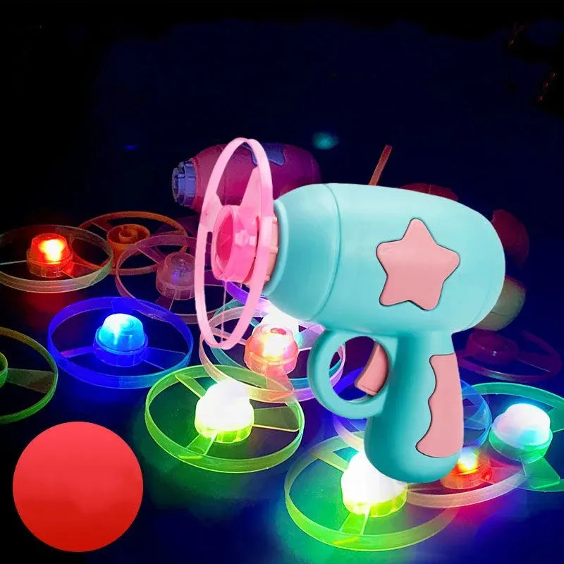Six-pack of LED flying saucer launcher toys with colourful discs and target boards