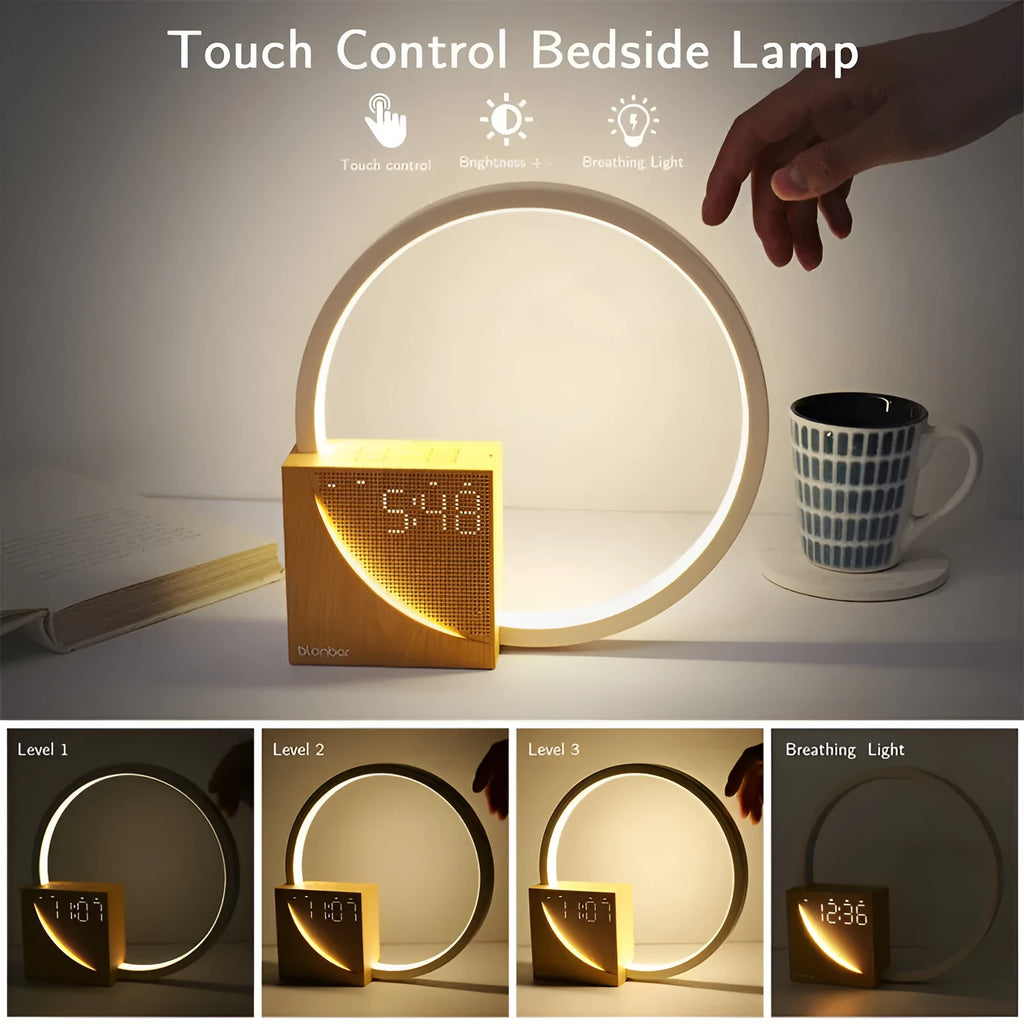 Navy Blue touch-control bedside lamp with digital alarm clock display and integrated speakers
