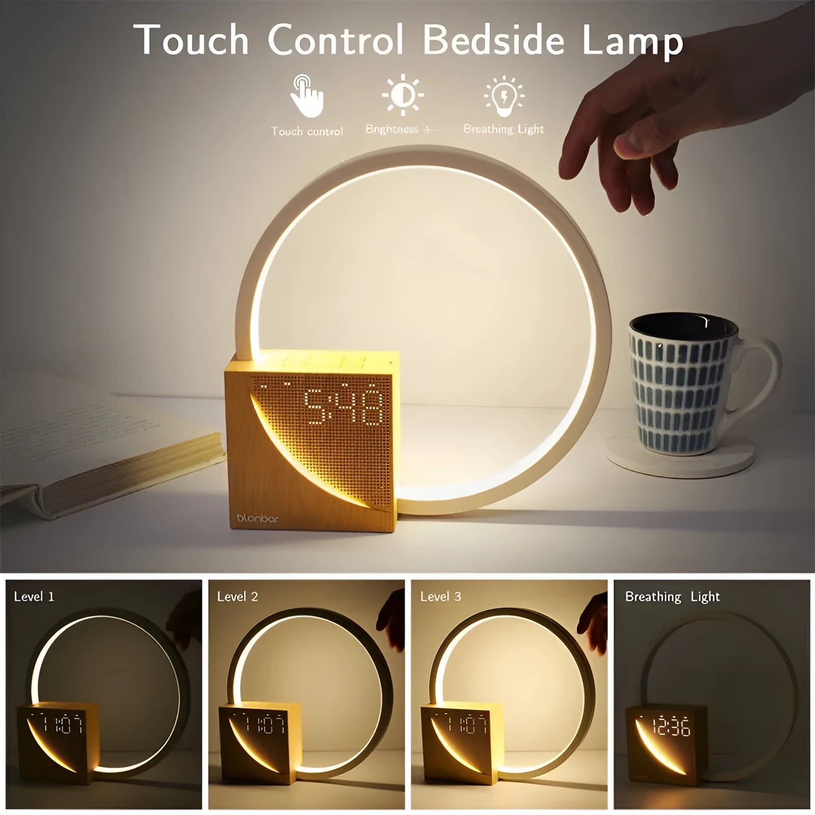 Navy Blue touch-control bedside lamp with digital alarm clock display and integrated speakers