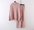 Women's milky white acrylic fibre sweater and wide-leg trousers two-piece casual set on a hanger.