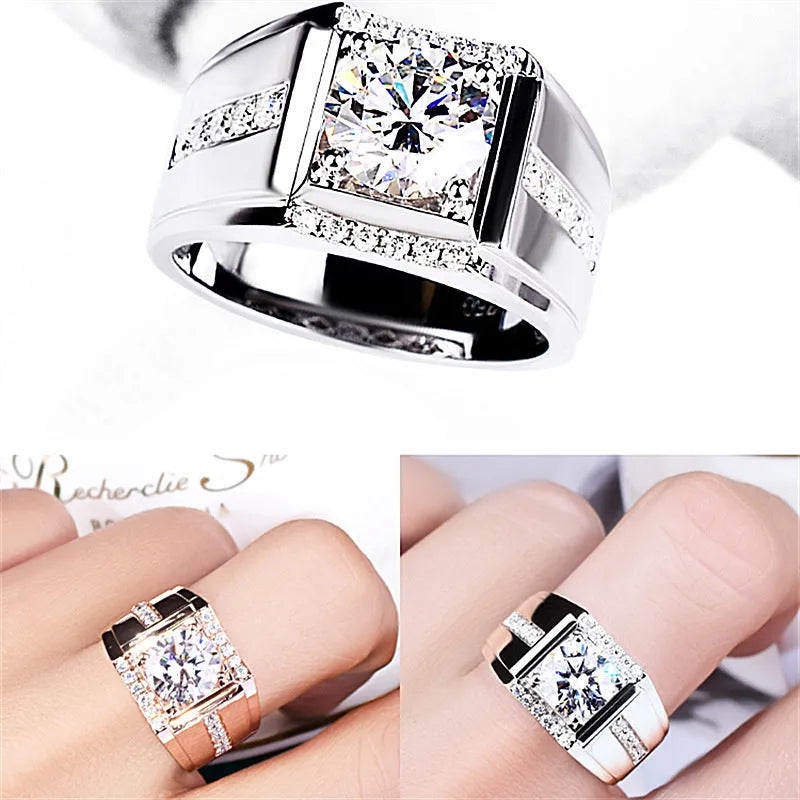 Men's geometric imitation moissanite ring with adjustable opening in rose gold finish