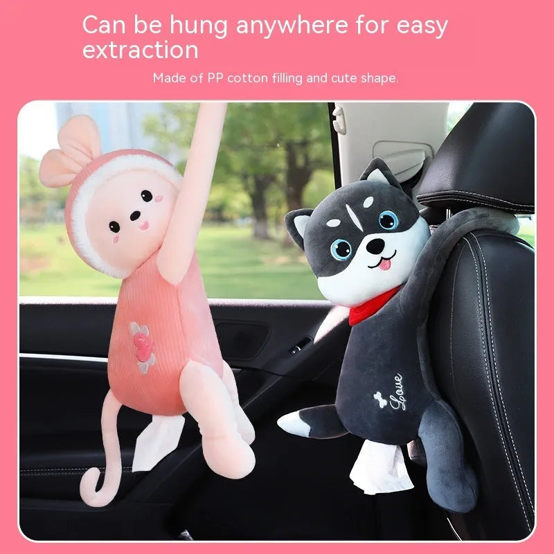 Plush car seat back-mounted tissue box holder with elastic straps in character design
