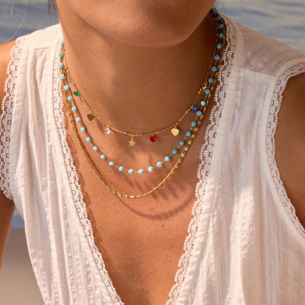 Gold-plated beaded stainless steel double layer twin chain clavicle necklace for women with colourful geometric links