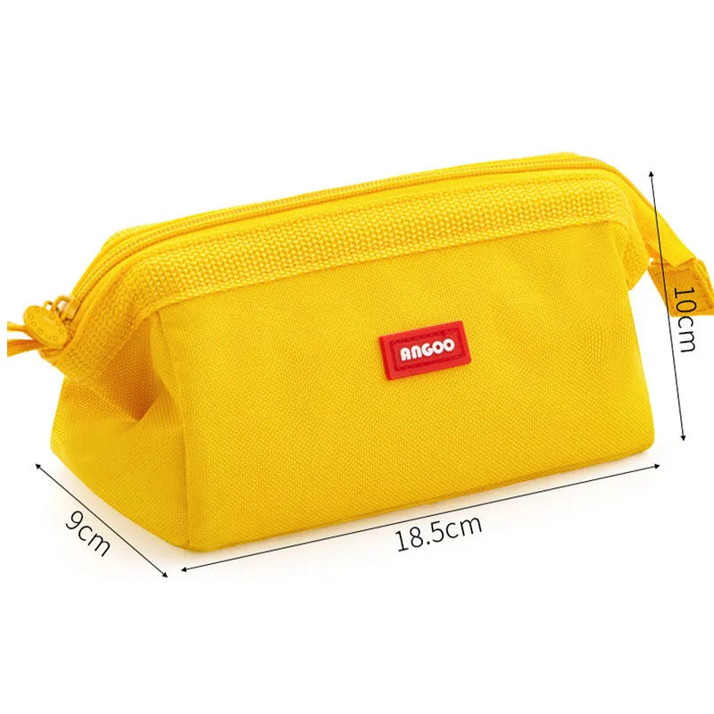 Oxford cloth pencil case with double zipper open showing interior compartment