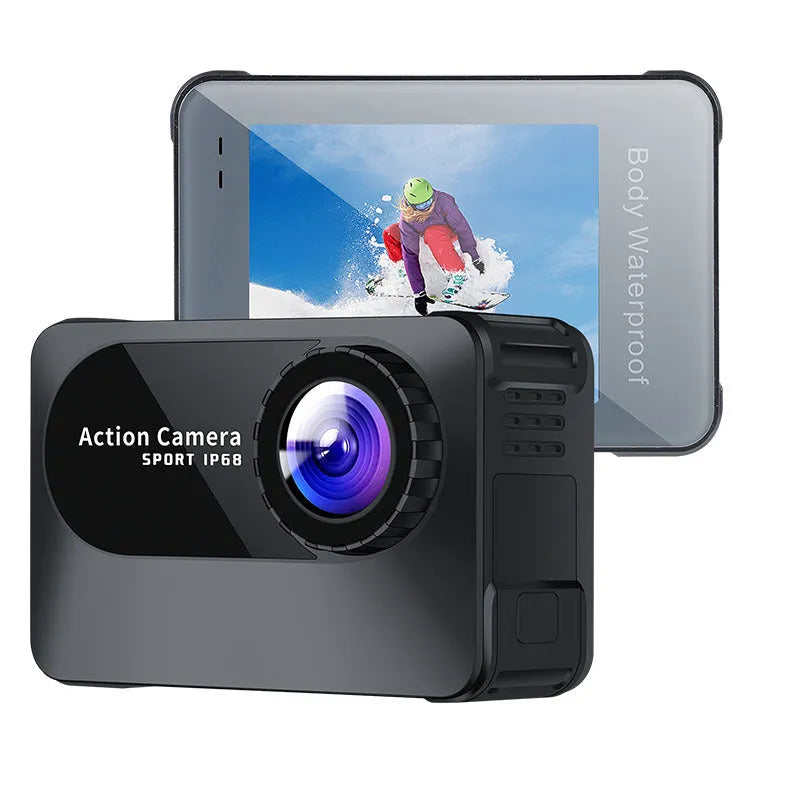 Black plastic outdoor sports action camera with wide-angle lens and touch screen