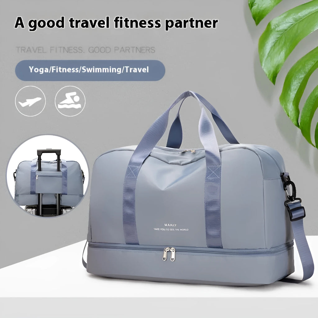 Large capacity Oxford cloth travel bag with waterproof dry wet separation in black, front view