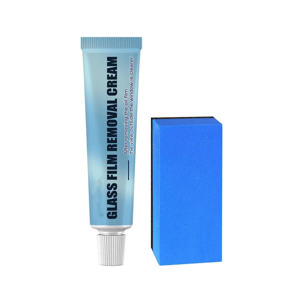 Blue car glass oil film remover bottle and soft sponge applicator for cleaning windscreens