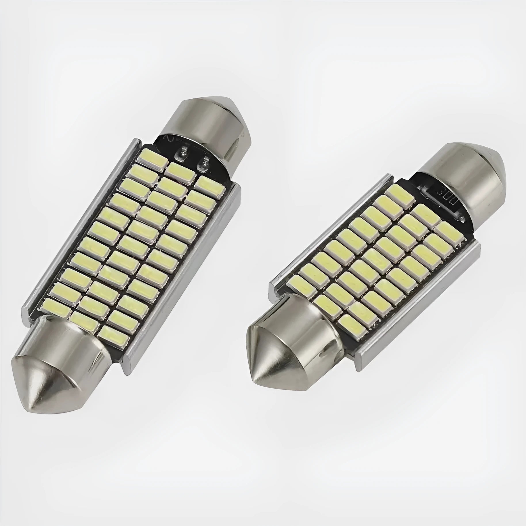 Aluminium car roof reading light with double tip connectors and multiple LED chips.
