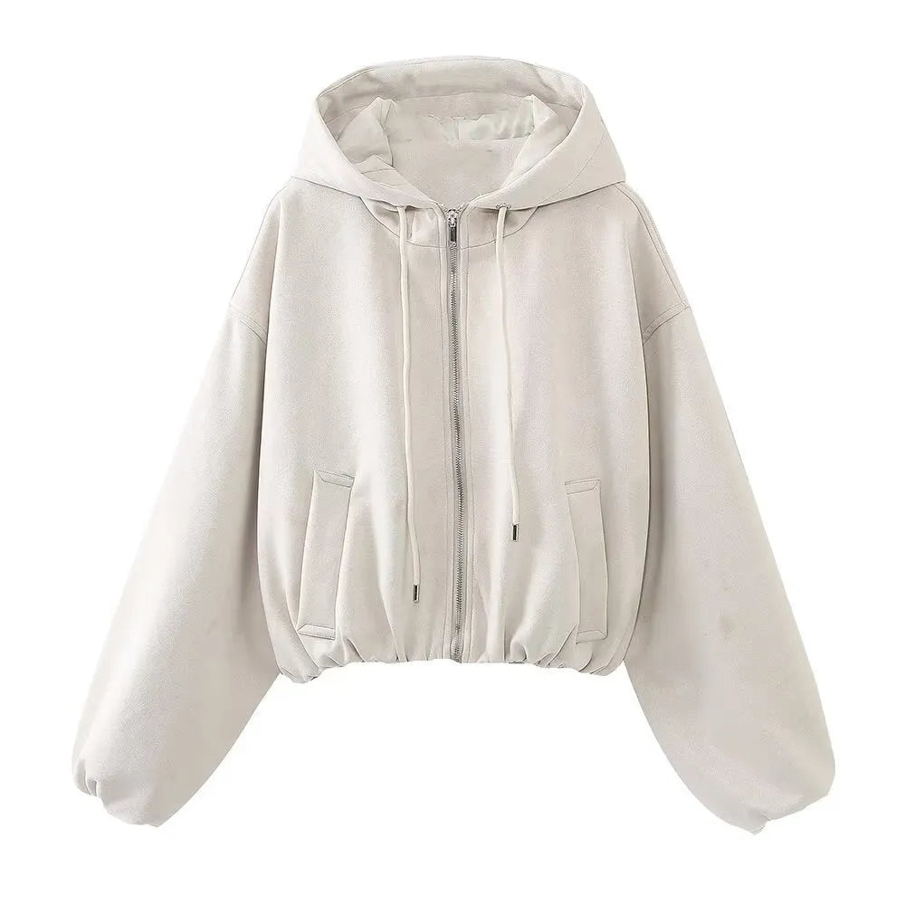 Women's suede hooded jacket in black or white casual styling