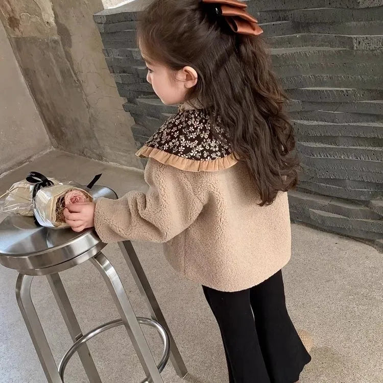 Khaki Mori style girls' fleece-lined coat with long sleeves and thickened polyester for winter