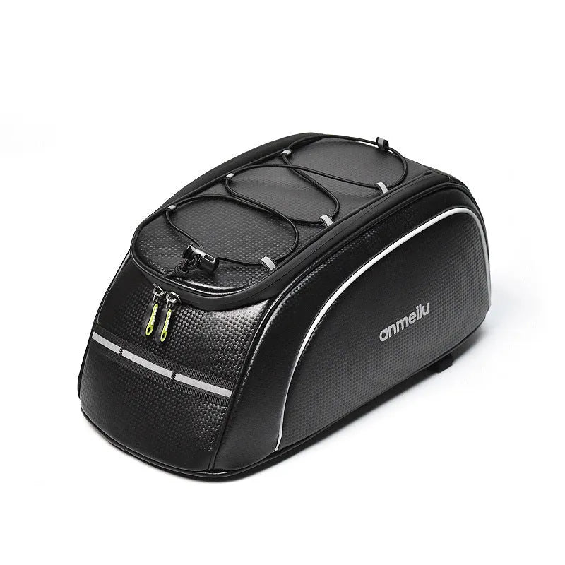 Waterproof black bicycle rear rack bag with 8L capacity mounted on bike