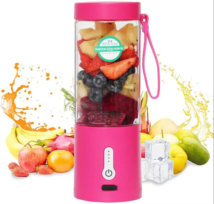 Portable rechargeable blender with 530ml cup in various colours including black, white, blue, and rose red