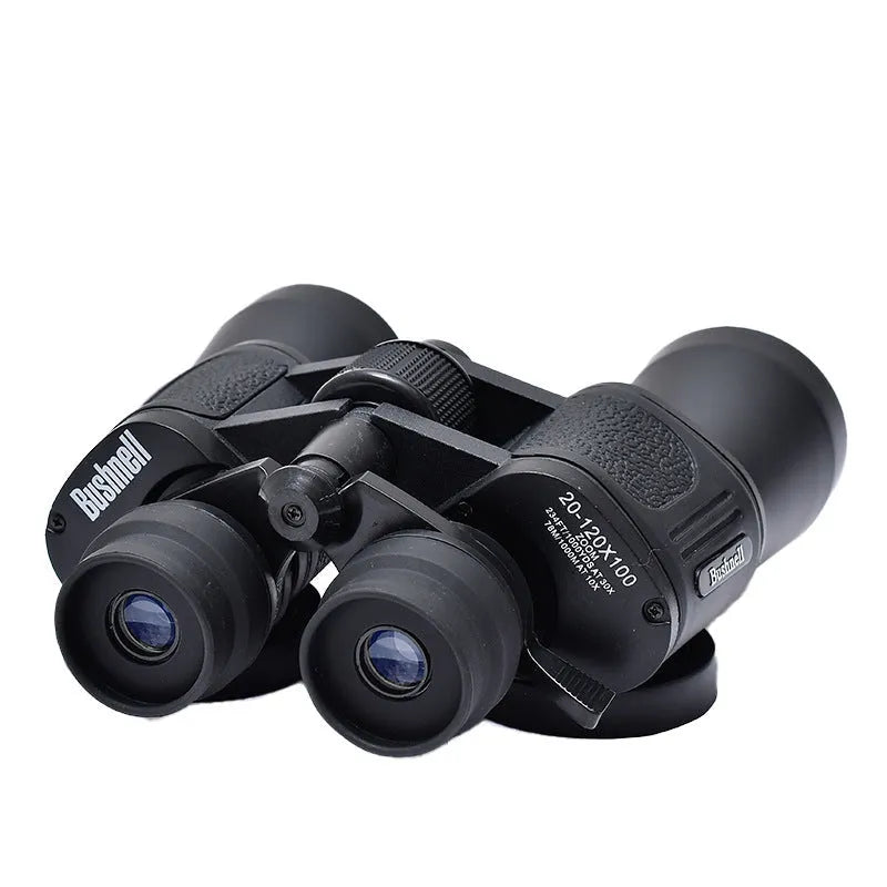 Black outdoor binocular telescope with large objective lenses showing 20-120x100 continuous zoom markings.