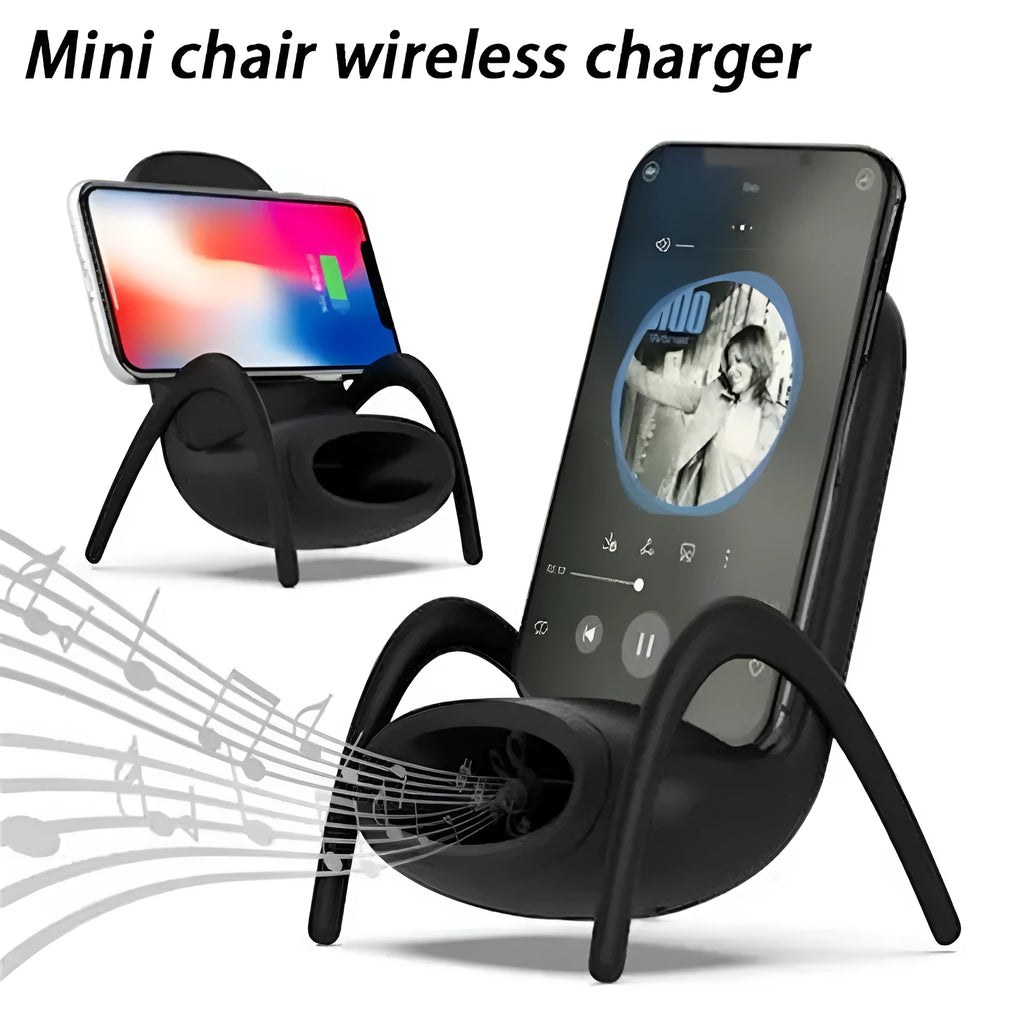 White mini chair-shaped wireless phone charger and holder on a desk