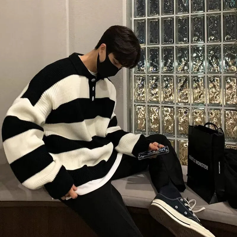 Men's loose fit striped pullover sweater in black and grey colours with long sleeves