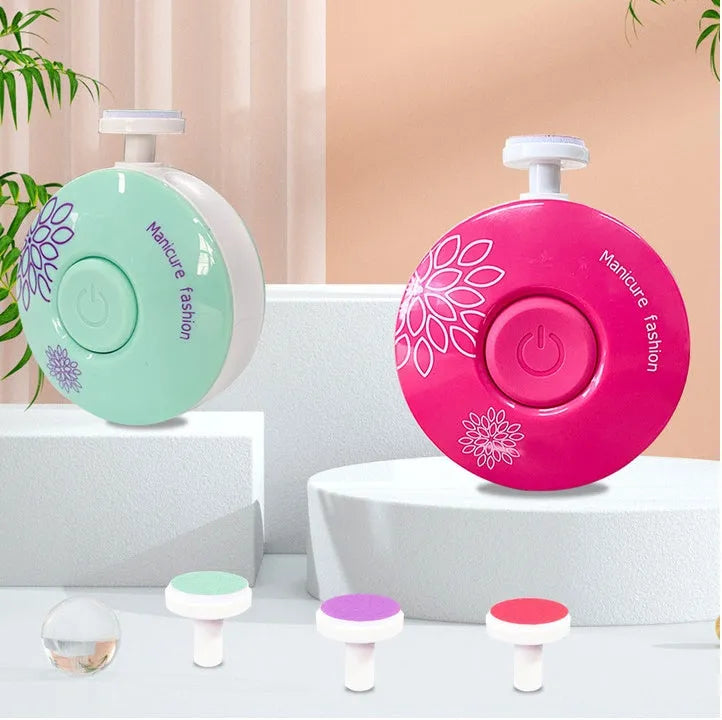 Red and green baby electric nail polisher sets with grinding heads for infant care.