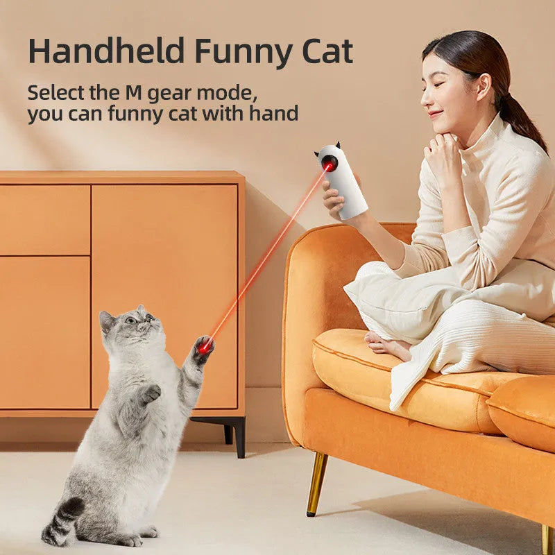 White electric automatic infrared cat teaser toy with USB charging on a minimalist background