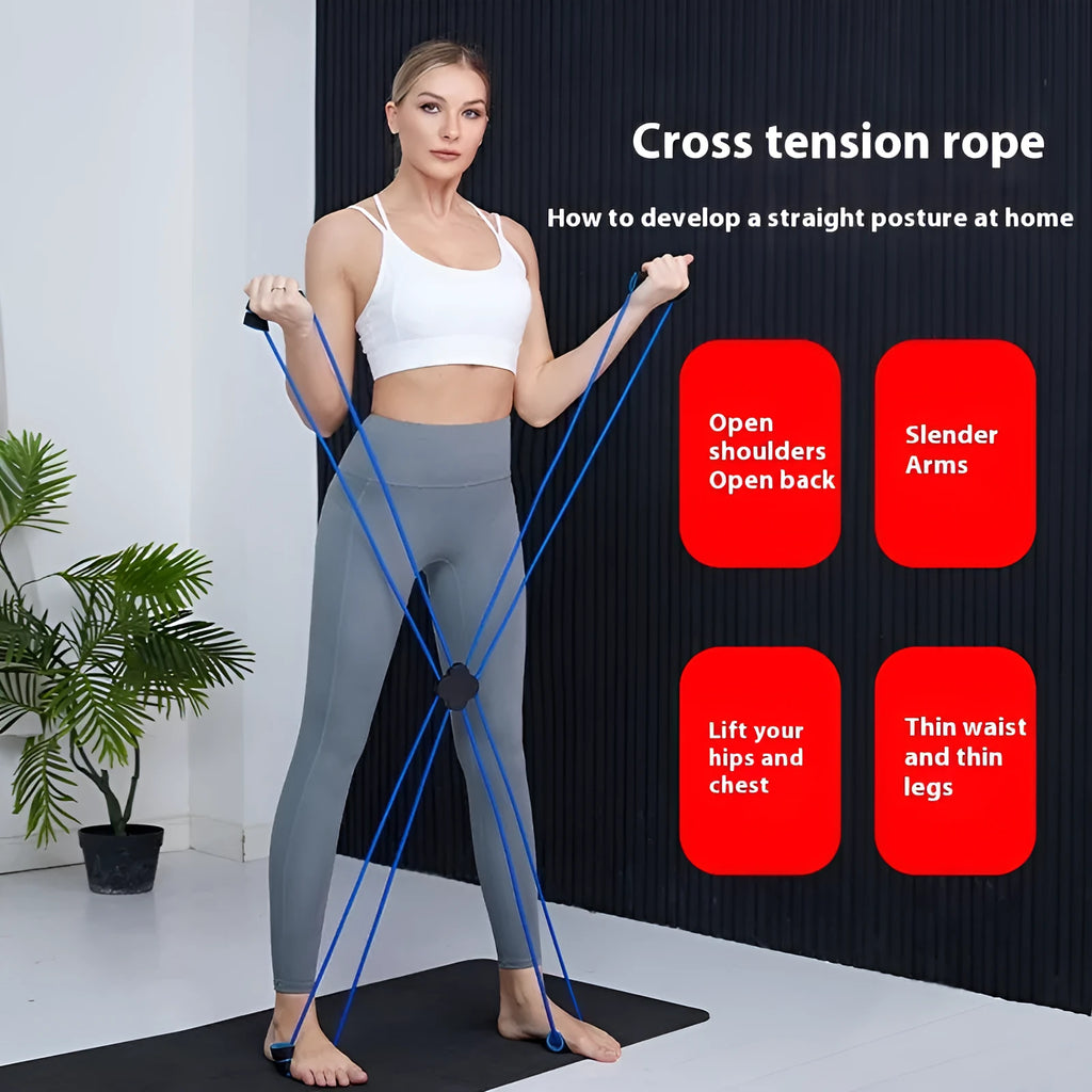 Blue and red eight character TPR puller fitness band for shoulder workouts.