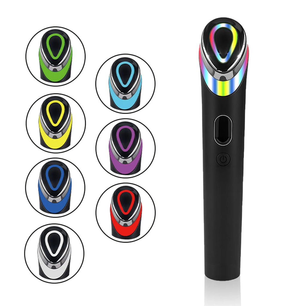 Black 7 colour light vibration face eye massager with red and blue light therapy.
