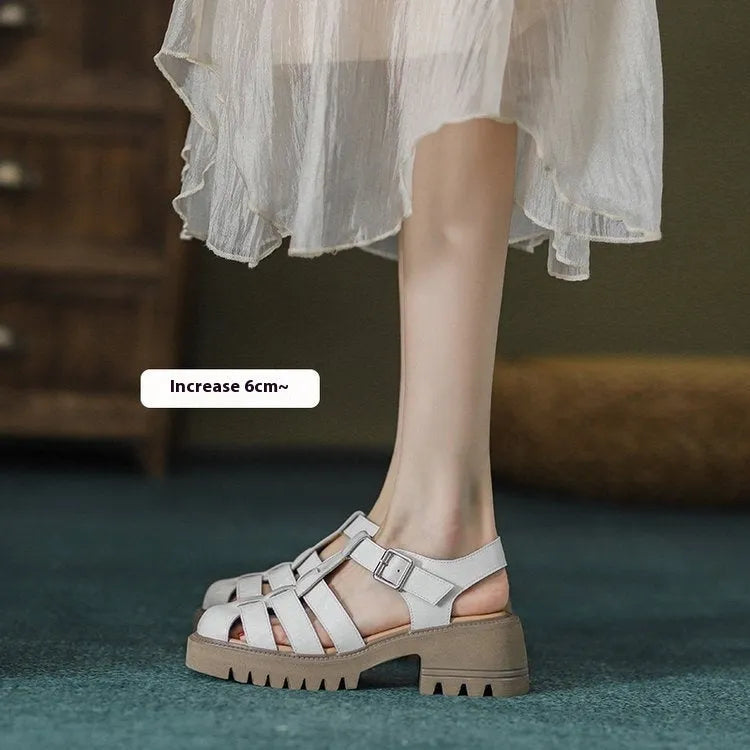 Women's closed toe platform hollow sandals with chunky heels and buckle fastening in black colour