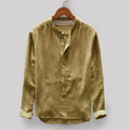 Men's solid colour casual cotton-linen shirt shown in dark blue, grey, yellow, green and khaki.
