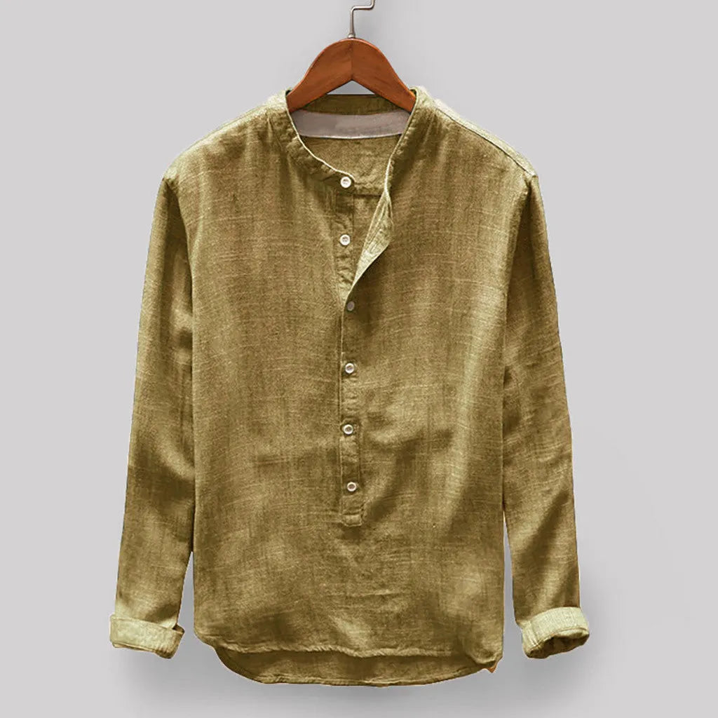 Men's solid colour casual cotton-linen shirt shown in dark blue, grey, yellow, green and khaki.