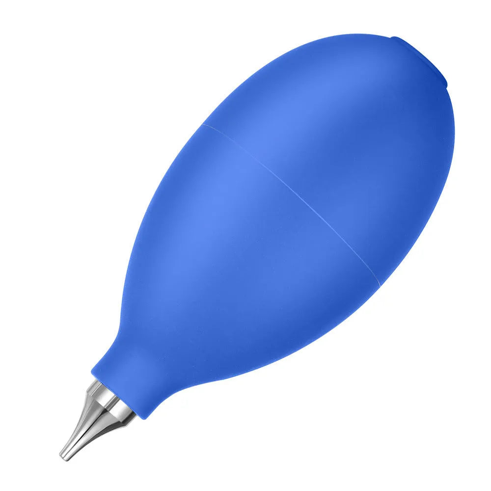 Blue and black rubber handheld air blower for dust removal on cameras and phones.