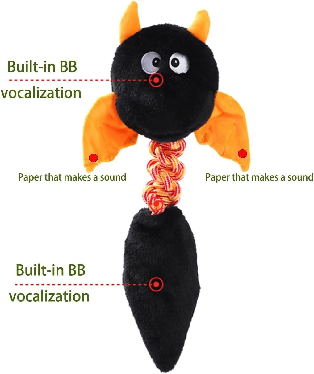 Cartoon-design plush dog toy with black, green, and red colour options on a white background.
