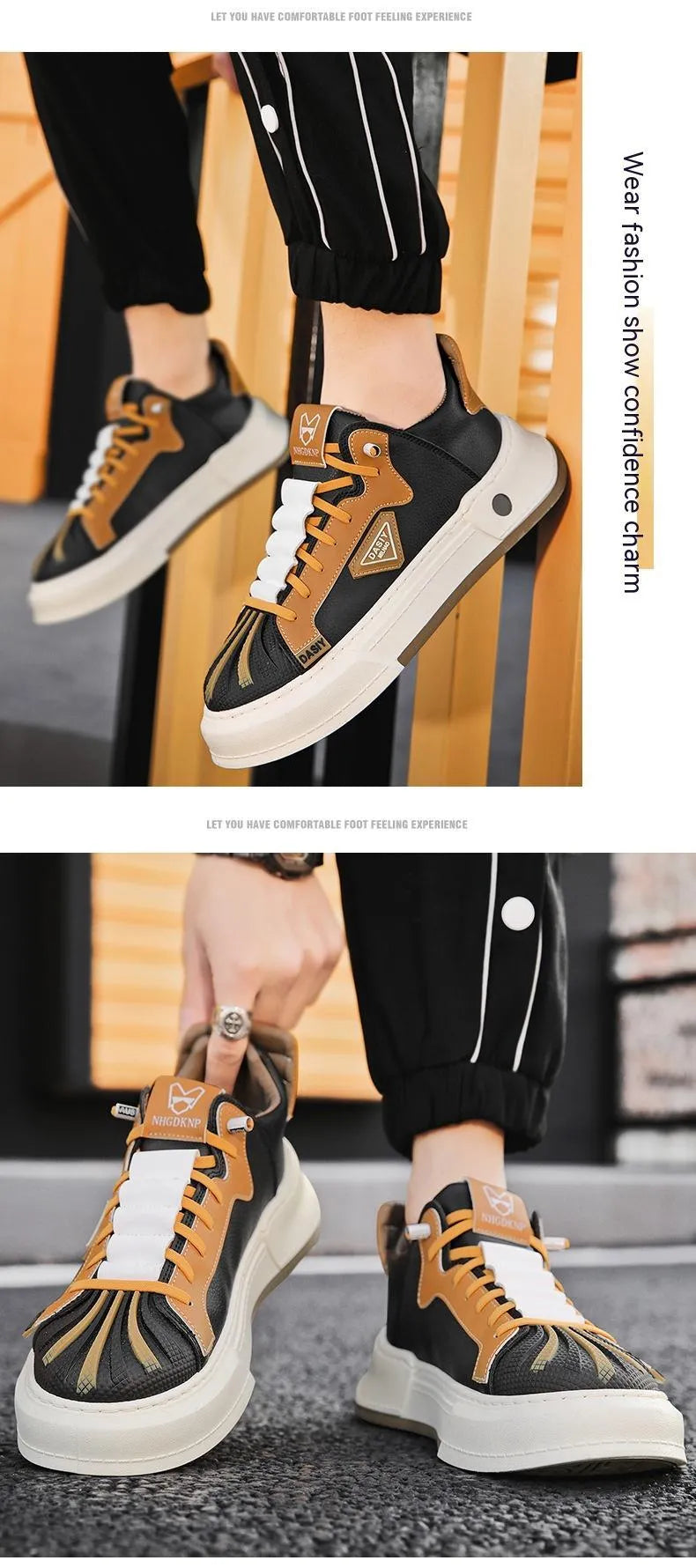 Men's beige low-top slip-on sneakers with elastic band and round toe on a plain background.