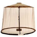 Fabric outdoor sunshade tent with mosquito netting in a garden setting.