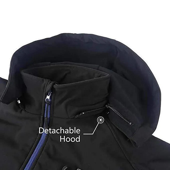 Black men's USB winter waterproof thermal coat with windproof long sleeves and zipper pocket