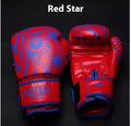 Children's boxing sanda gloves in gold, red, white, green, and lake blue star designs, showing size options from 4oz to 14oz.