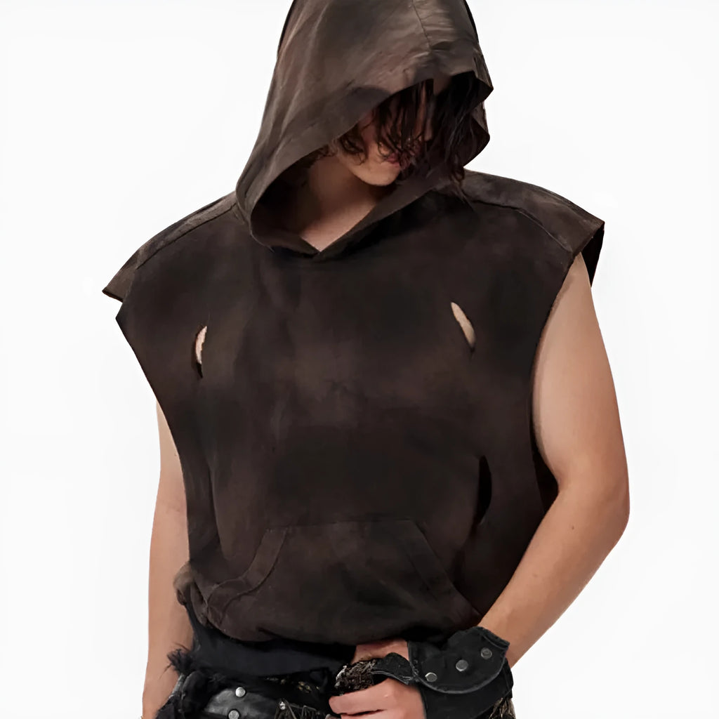 Khaki coloured short hood vest made of cotton fabric for teenagers, shown in size L.