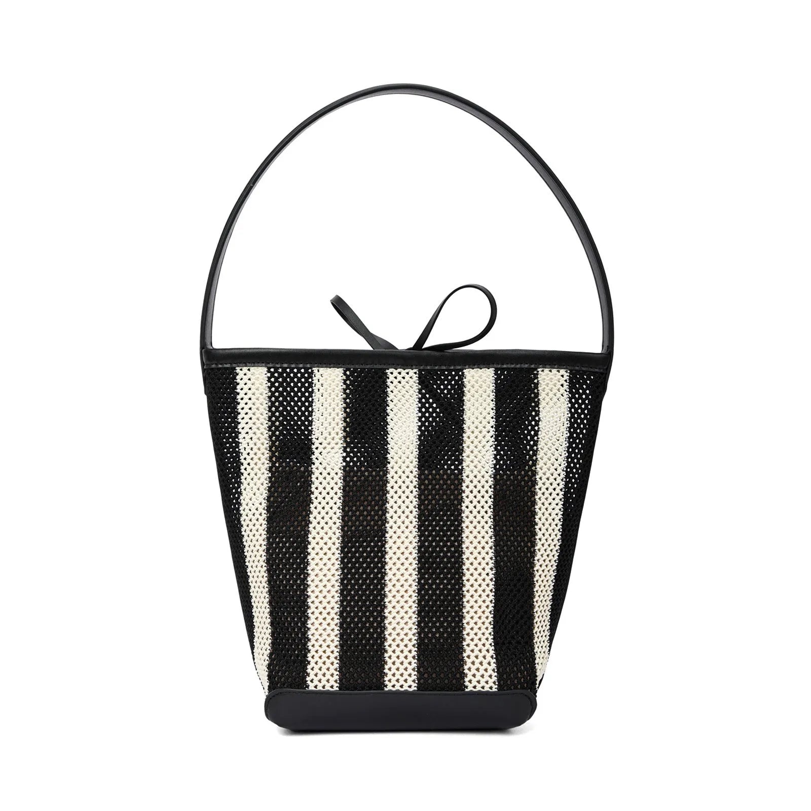 Black and white striped woven fabric women's shoulder bag with bucket shape