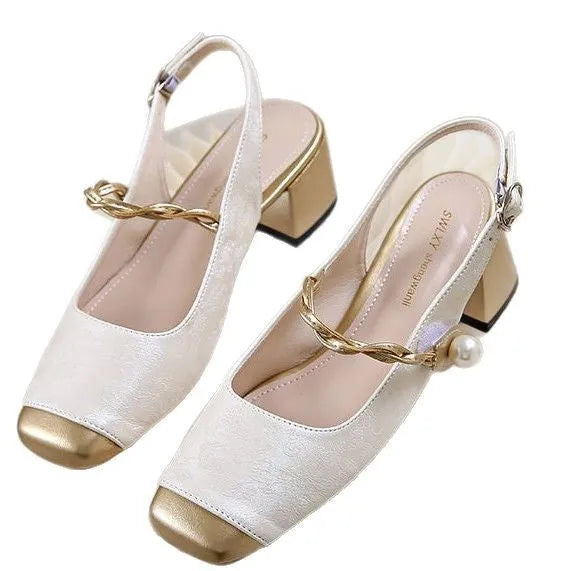 Women's closed toe satin sandals with square toe, backless fit, mid heel 3-6cm, in beige white, black or emerald green