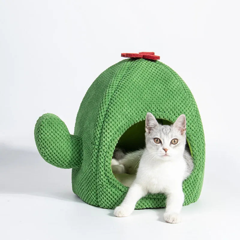 Green cactus-shaped enclosed cat bed with cave design for kittens and small dogs