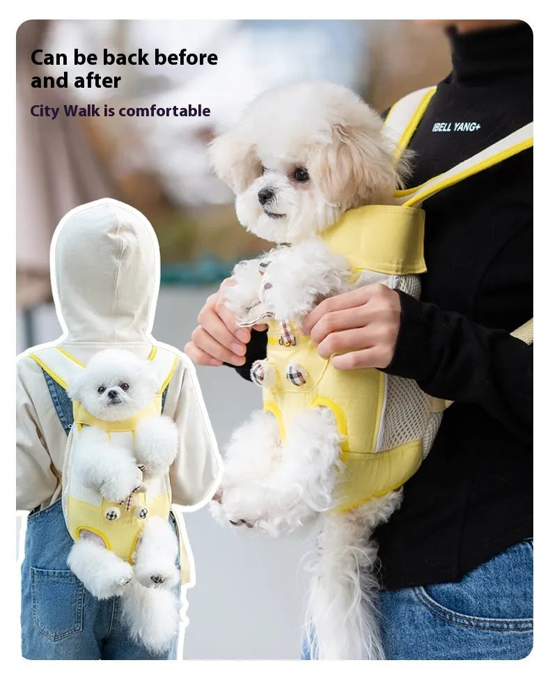 Cartoon style pet chest bag in soft canvas with ribbon trim showing Beka yellow bear stitching pattern