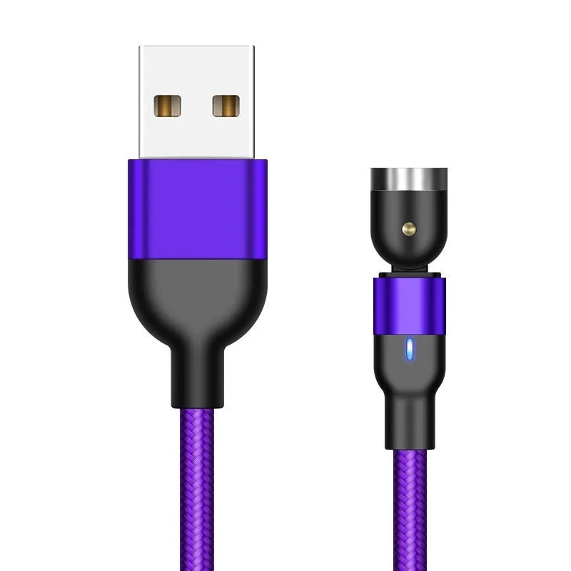 Flat elbow magnetic suction three-in-one data cable with Lightning, Micro USB, and TYPE-C connectors on a 1m woven cord