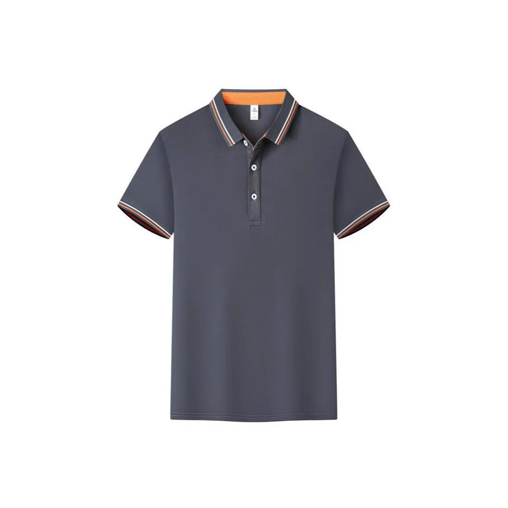Cotton blend slim fit polo work shirt with collar and short sleeves on a hanger.