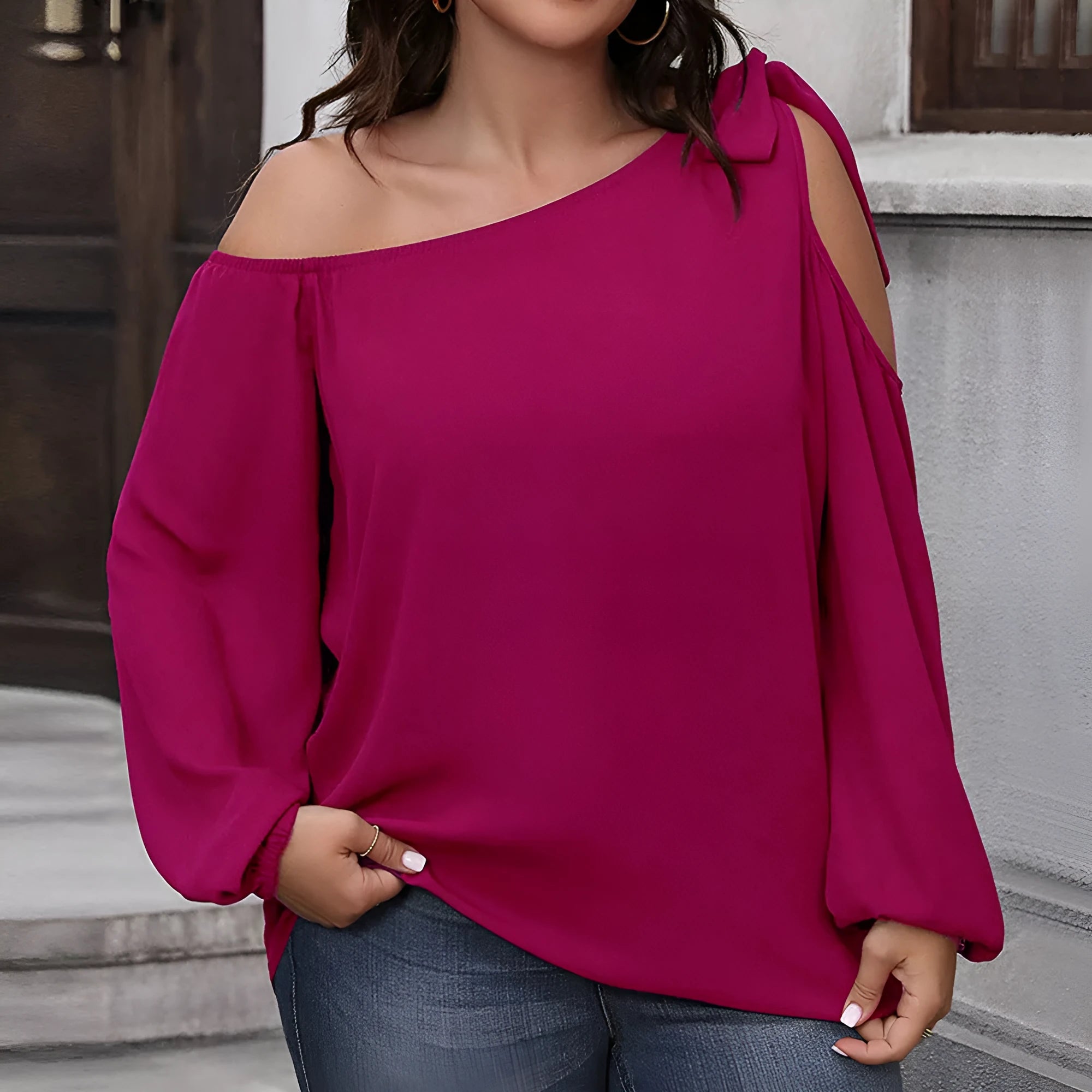 Women's loose fit rose red pullover top with hollow-out detail, long sleeves, polyester knit fabric