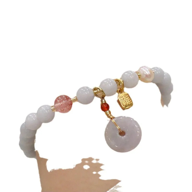Women's aquamarine artificial crystal bracelet with gold-plated chalcedony pendant in floral design