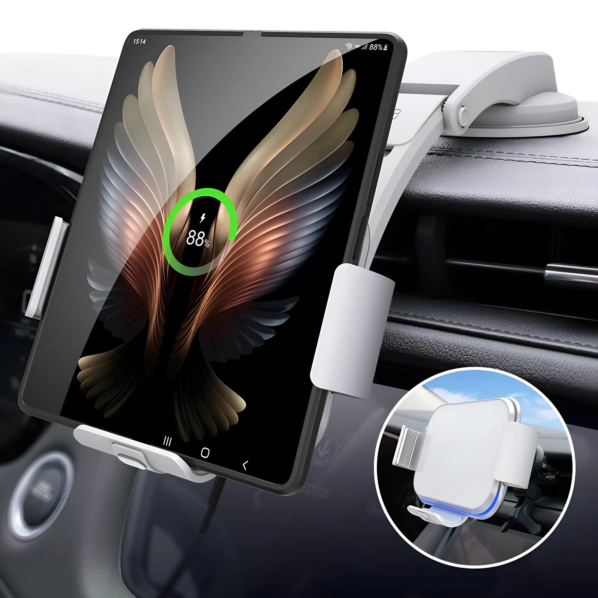 Grey and white car wireless charging phone holder with vent clip and suction cup mount on a dashboard.