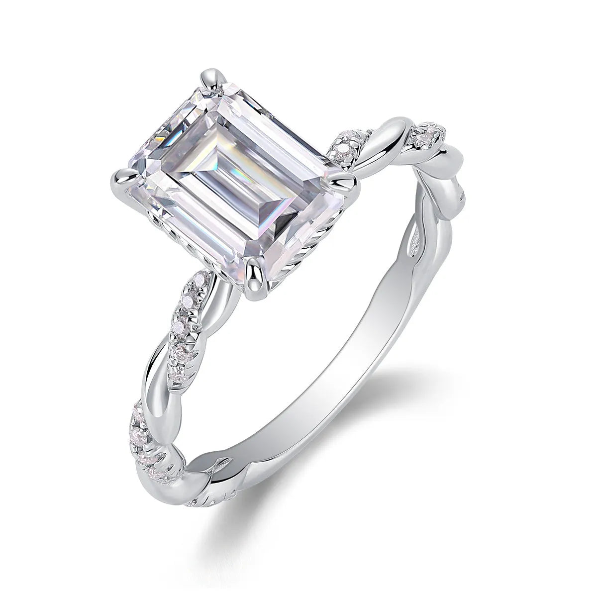 Octagonal moissanite wedding ring set in S925 silver with platinum plating, 7x9mm stone, sizes 5-9, gift box and GRA certificate.