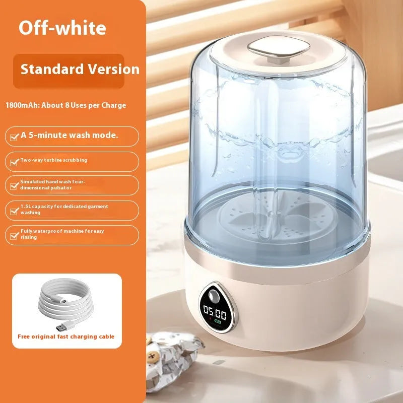 A compact white portable washing machine with USB cable on a countertop.