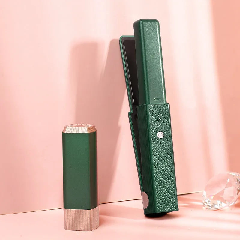 Pink and green mini cordless USB hair straightener with ceramic plates for travel